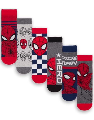 Marvel Pack de 6 calcetines Spiderman Boys | Calcetines de personajes atléticos multicolores para niños | Calzado gráfico de superhéroes Spider Man Avenger | Cómodo juego para niños paquete
