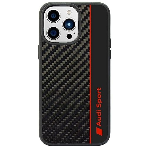 Audi Sport Handyhülle - Kompatibel mit iPhone 14 Pro - Stoßabsorbierende Hülle mit Carbon - mit präzisen Aussparungen für Kamera Anschlüssen & Tasten - Schwarz mit roten Details