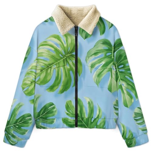 Veste polaire femme monstera bleu clair veste hiver chaud sherpa grande taille à motif végétal
