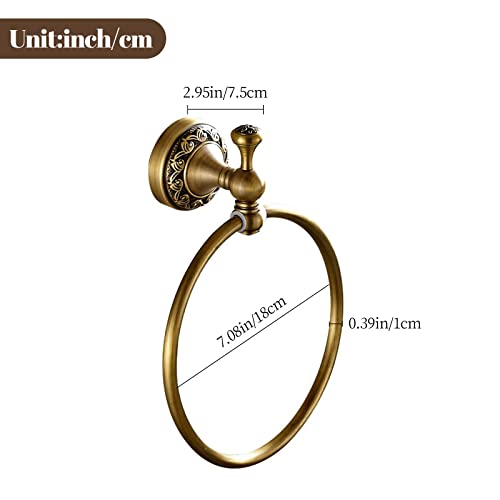 Image of Leyden Brass Towel Ring, Antique Retro Round Towel Holder, Wall Mounted Bath Hand Towel Rack Rail Bathroom Hardware Classical Ancient Wave Pattern Base