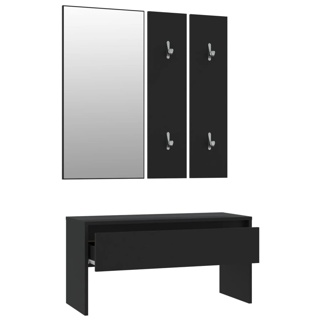 vidaXL Garderobenset, Flurgarderobe mit Flurbank Spiegel, Multifunktional Flurmöbel mit viel Stauraum, Garderobe Wandgarderobe Flurgarnitur, Schwarz Holzwerkstoff