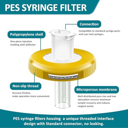 Image of 100 PCS Syringe Filter PES Membrane Filters, 13mm Diameter 0.22m Pore Size, Hydrophilic Syringe Lab Filters, Non Sterile, Yellow