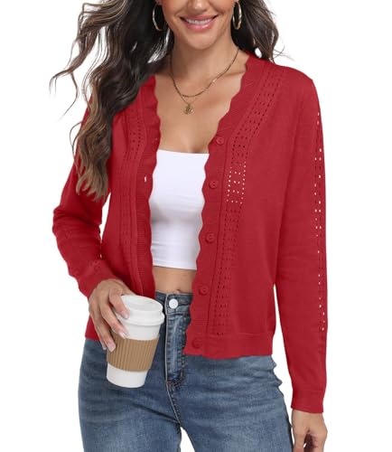 PrinStory Cardigan à manches longues en tricot boutonné pour femme, Rouge, L