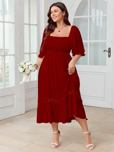 Image of SCOMCHIC Women's Plus Size Boho Maxi Dress Short Sleeve Square Neck Smocked Flowy A-Line Lace Trim Wedding Guest Dresses