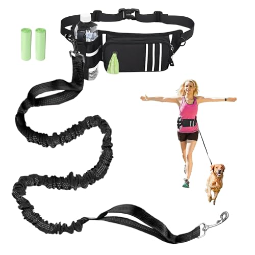 Hands Free Dog Lead for Medium Dogs - Adjustable Water-Resistant Running Waist Belt with Poop Bag Dispenser & Pouch for Large Small Dogs Reflective Bungee Leash Dual Handles for Hiking