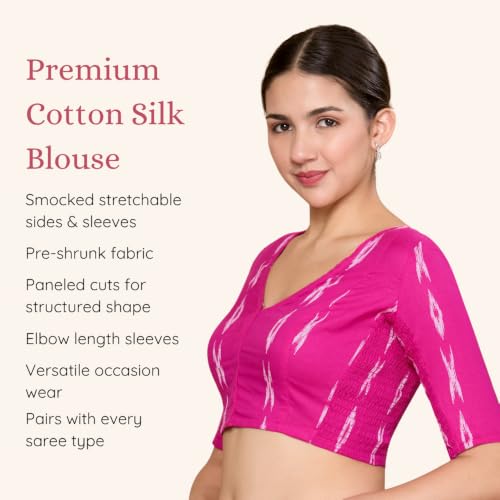 Image of Studio Shringaar Women Cotton Ikat Stretchable (Smocked) Readymade Elbow Length Sleeve Saree Blouse