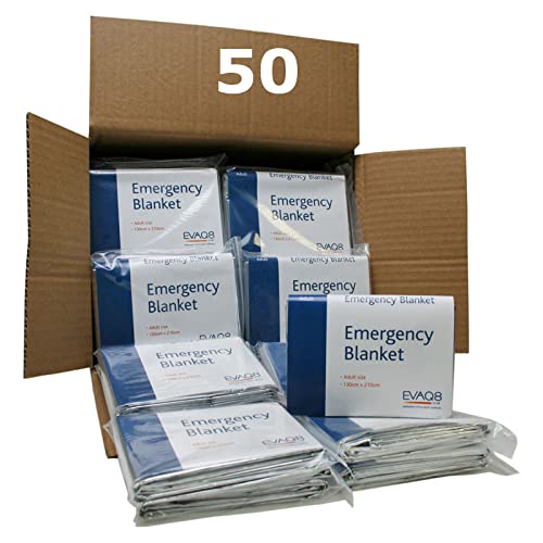 EVAQ8 50 Adult Sized Emergency Foil Blankets For First Aid - Outdoor Survival - Hypothermia - Shock - Building Evacuations