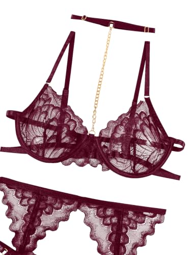 Image of Lilosy Sexy Choker Floral Lace Scallop Sheer Underwire Push Up Garter Belt Lingerie Set 3 Piece