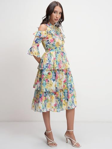Image of Tokyo Talkies Women's Graceful Floral Ruffle Short Dress with Elegant Elbow-Below Sleeves Perfect for Brunches, Vacations & Stylish Outings