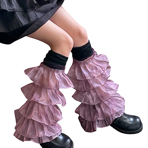 Image of Women Leg Warmers Ruffled Lace Patchwork Long Thigh High Socks Boot Cuffs Cover for Streetwear