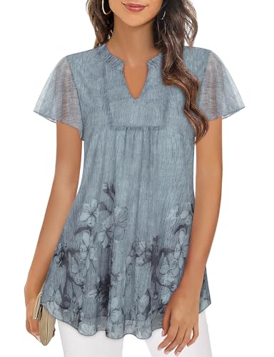 Syphiby Top con maniche svolazzanti da donna eleganti casual con scollo a V in chiffon a strati camicette con stampa floreale camicie per feste di nozze in spiaggia tuniche fluide, Grigio, XXL