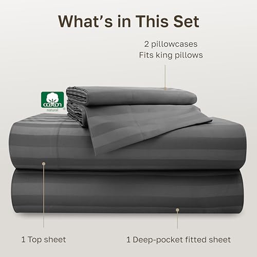 Image of California Design Den - Cotton Sheets for King Size Bed Soft 100% Cotton Sheets Deep Pockets Snug Fit Elastic, 500 Thread Count Sateen, Damask Stripe Bedsheet Set (Grey)