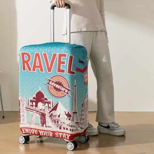 Image of HOKIPO 220gsm Durable and Washable Suitcase Covers for Trolley Suitcase, Large (26-27inch) - Travel Stories (AR-6345-D4)