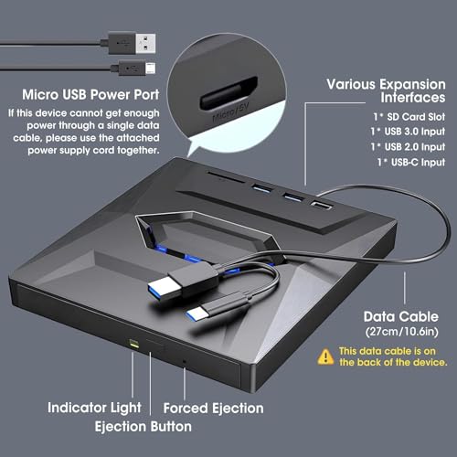 Image of External CD DVD Drive CD /DVD-ROM Burner Player with USB 3.0 /2.0 / USB-C /SD Card Reader, Portable CD /DVD ROM + /-RW Optical Disc Drive for Laptop PC Mac Windows 11 /10 /8 /7 Linux Computer