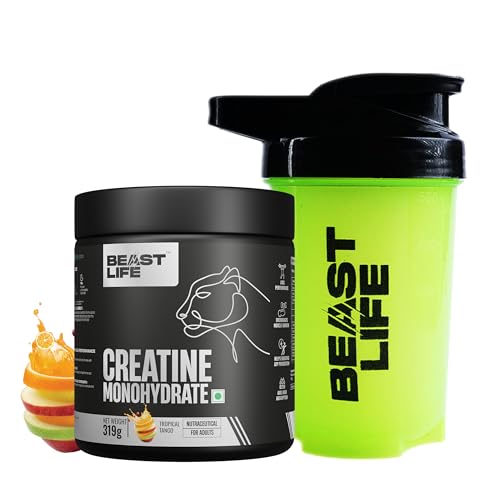 Image of BeastLife Micronised Creatine Monohydrate with Free Shaker | 319 g | 86 Servings | Tropical Tango | NABL Lab Tested | Rapid Absorption for Muscle Strength & Athletic Performance | Super Micronised Creatine Powder