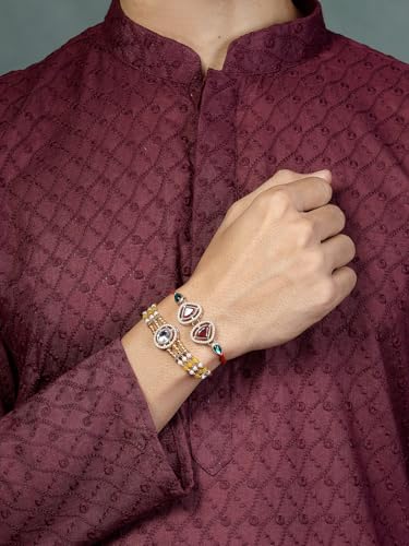 Image of Sukkhi Rakhi Excellent Kundan & Pearls Designer Gold Plated Premium Rakhi for Brother with Roli Chawal & Greeting Card|Rakhi for Brother /Bhaiya /Bhai /Men|Kundan Rakhi|Rakhi Combo-Set of 2