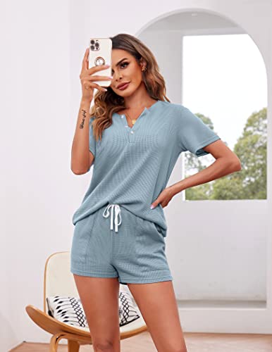 Ekouaer Women's Pajama Sets Waffle Knit Sweatsuit Set Short Sleeve Loungewear Two Piece Sleepwear Casual Jogger Pj Shorts With Pockets #TOP4