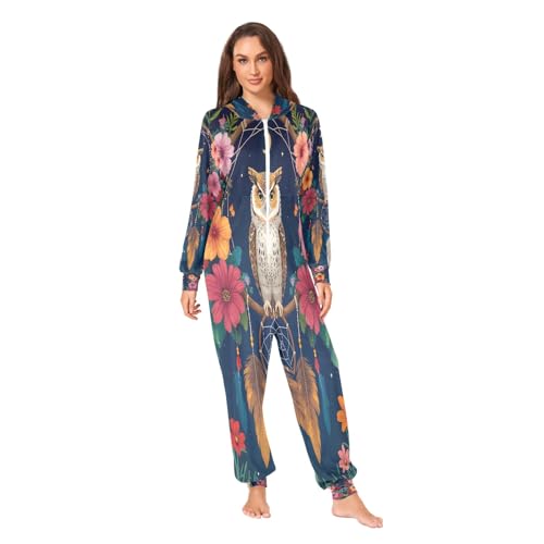 Nexawaveo Pijama enterizo de forro polar ultrasuave para adultos, color negro y dorado, con capucha y bolsillo, Boho Owl Floral Blue, XX-Large