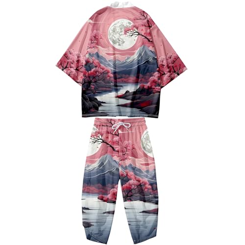 Image of DOSLAVIDA Men's Japanese Kimono Jacket Set Stylish Open Front Coat With Shorts Chinese Style Printed Cardigan Suit