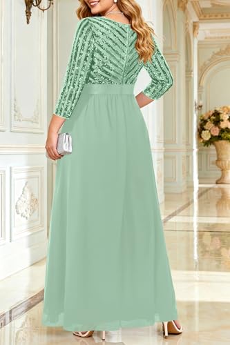 Image of Plus Size Formal Dresses V Neck 3 /4 Sleeve Sequin Prom Evening Maxi Dress | Sequin fabric, V neck 3 /4 sleeve design, plus size formal prom wedding guest evening dress