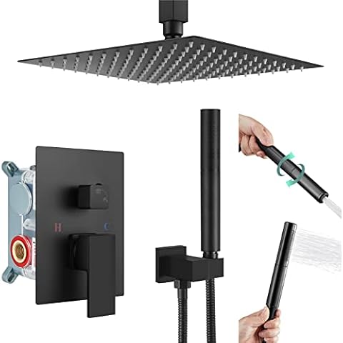 Heyalan Ceiling Mount Shower Faucet Set Matte Black 10 Inch Square Showerhead Bathroom Rainfall Shower System SUS304 Stainless Steel Shower Trim Kit 2 in 1 Handheld shower with Rough-in Valve Cover