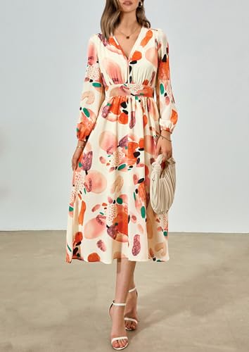 PRETTYGARDEN Women's Floral Midi Dress Casual Fall V Neck Long Sleeve Flowy Spring Beach Wedding Guest Vacation Dresses