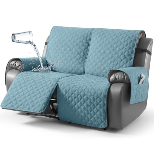 TAOCOCO 100% Waterproof Recliner Couch Covers, Recliner Sofa Covers with Leg Straps, 1-Piece Washable Reclining Sofa Cover with Pocket Couch Protector for Pets Kids(2 Seater, Sky Blue)