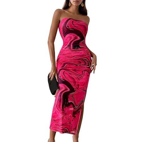 Image of Women's Tube Top Maxi Dresses Printed Tie Dye Strapless Bodycon Long Dress Split Side Sleeveless Party Elegant Outfits