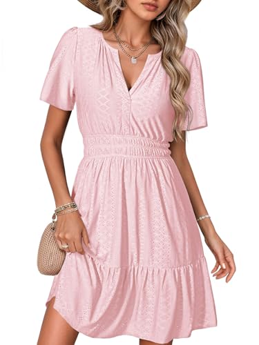 Image of Simplee Womens 2026 Summer Mini Dress Eyelet Short Sleeve Cocktail Short Dresses Cute A Line Sun Dress with Pockets