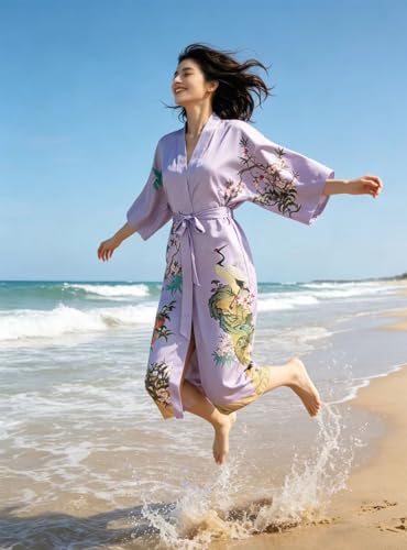 Image of Women's Classic 100% Silk Kimono Robe, Bathrobe-Printed Pattern