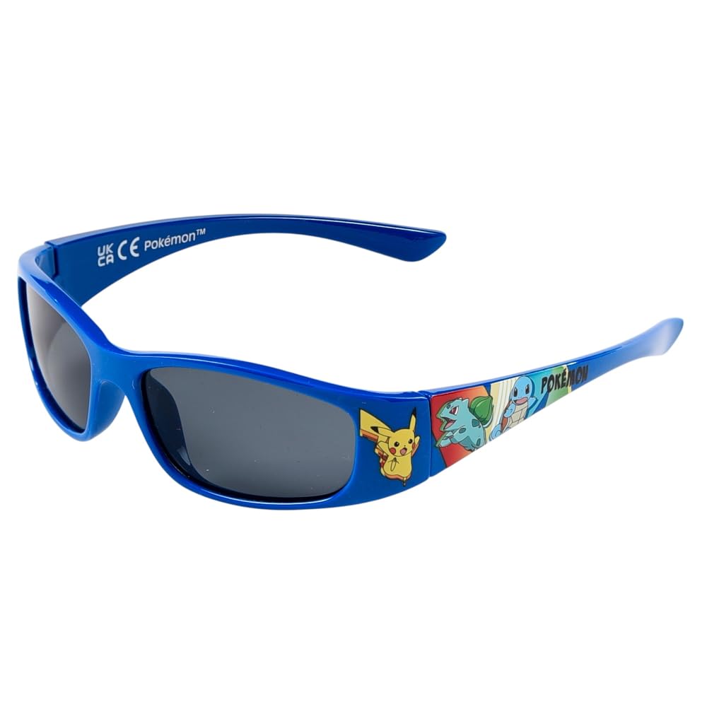 CARTOON Lunettes de soleil sport pour enfant Pikachu Bulbasaur & Squirtle UV400 Cat.3 verres acryliques monture polycarbonate bleu enveloppant idée cadeau Pokémon