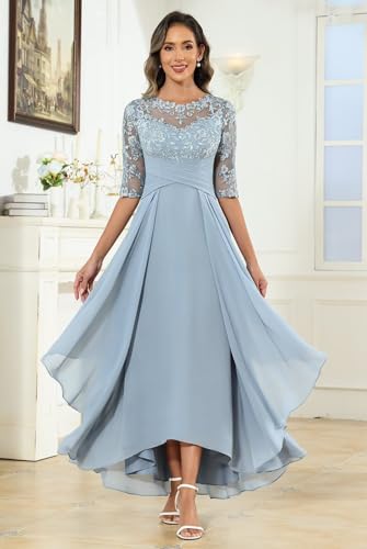 Tea Length Mother of Bride Dresses for Women Chiffon with Sleeve Sequin Applique Elegant Formal Dress3