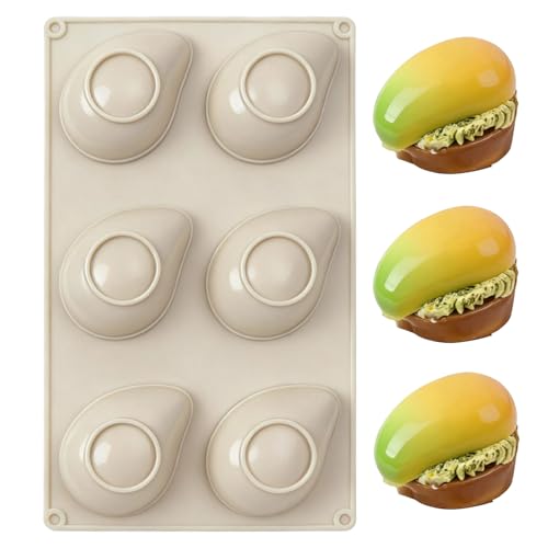 Fchil Mango Mousse Cake Silicone Molds, 6-Cavity Non-Stick Tropical Fruit Dessert Baking Pan for Chocolate Pudding Jello Ice Cube, 11.3 x 6.8 x 1.4 inches