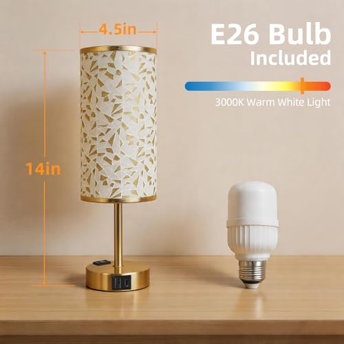 Image of Table Lamp, Dimmable Touch, AC Outlet, USB A+C (Triangle&Gold) | 3-Way Dimmable, Small Touch Lamp with Eye-Care LED Bulb, Ideal Bright Lighting Bedside Lamps for Nightstand, Bedroom, Reading