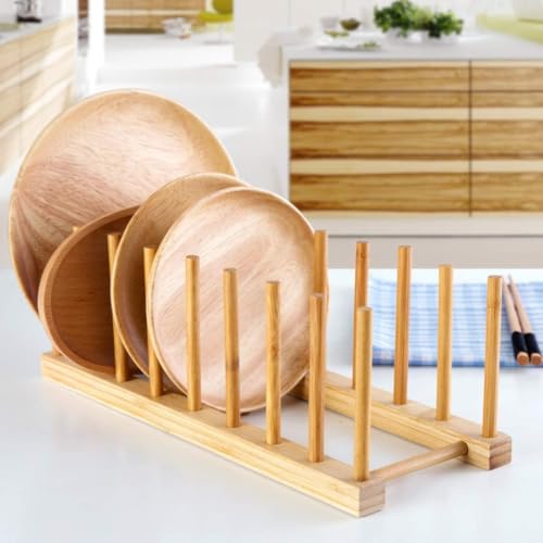 Image of CURATED CART Wooden Plate Organiser for Kitchen | Plate Stand Rack for Decor | Cabinet Plate Holder | 8 Adjustable Slots for Plates, Cup, Bowl & Dish Storage | Bamboo Wood c | Pack of 2