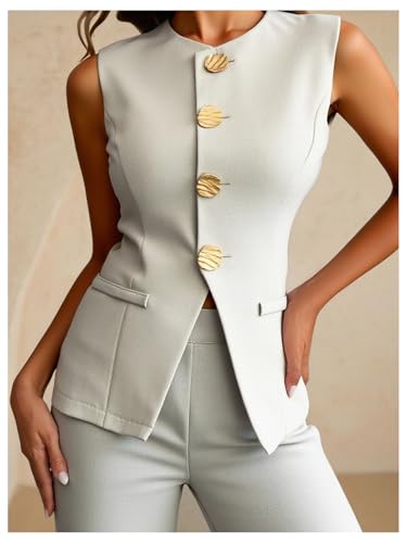 Women's 2 Piece Business Casual Outfits Elegant Button Up Blazer Vest and Wide Leg Pants Set3