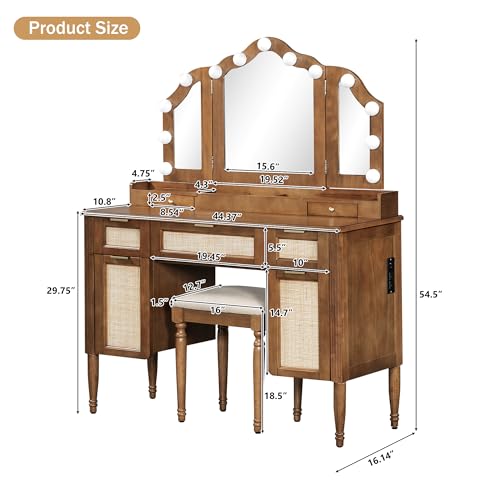 Image of JIVOIT 44.37 inch Makeup Vanity Desk with Tri-Fold Mirror, Large Vanity Table with 5 Drawers and Shelves and 2 Cabinets, Dressing Table, Easy Assembly