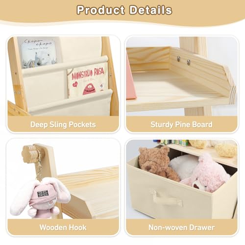 wooshwa Bücherregal Kinder Kinderzimmer Spielzeug Aufbewahrung mit 4 Regalebenen & Aufbewahrungsbox, Kinderregal Kinder Bücherregal für Regal kinderzimmer Spielzeug-Organizer - Beige
