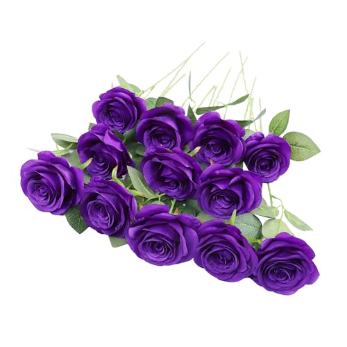 LVEFIT Artificial Rose Flower Artificial Flowers Flower with Long Stem Silk Roses Bouquet for Wedding Bridal Shower Party Home Decoration (Purple, 12 Pcs)