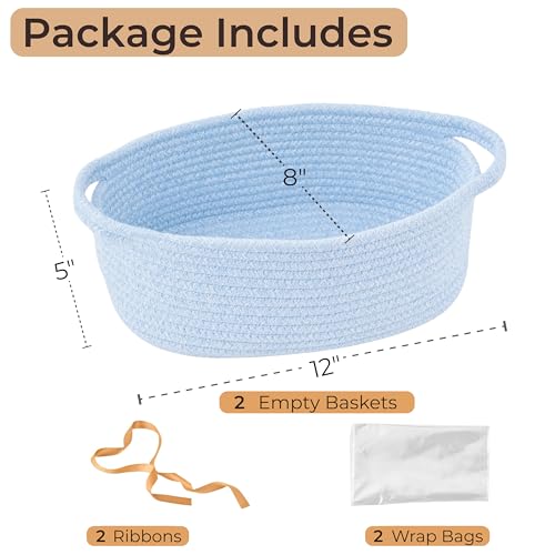 Image of 2-Pack Small Woven Gift Baskets Empty with Bags & Ribbons - Gifts for Father's Day, Baby Shower, Birthdays & Raffle - Cotton Rope Storage Basket for Dog Toys or Shelf - 12 inchx8 inchx5 inch, Light Blue