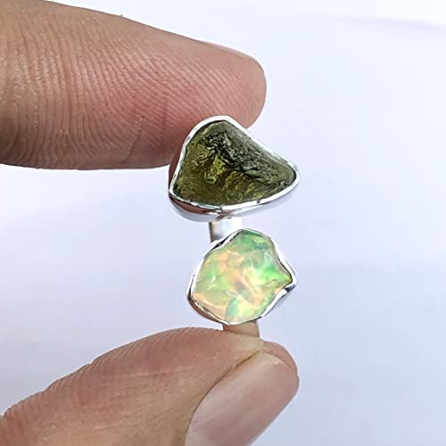 Rough Moldavite Ring & Ethiopian Opal Ring Natural Gemstone 925 Solid Sterling Silver Handmade Jewelry Ring3