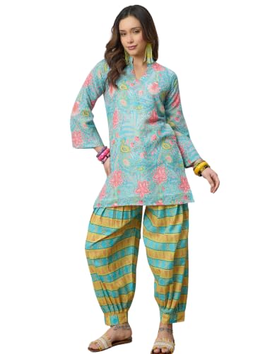 Image of EthnicJunction Women's Linen Floral Print Summer Wear Straight Short Kurti With Afghani Pant Set | Co Ord Set for Women Stylish | Fusion wear Women