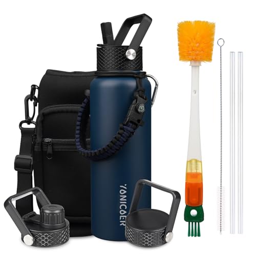Image of Insulated Water Bottle 40oz,Triple Wall Vacuum Stainless Steel(Dishwasher Safe),Leak Proof & Non-BPA,Flask Jug with Paracord Handle & Straw Spout Lids Sports Navy Blue
