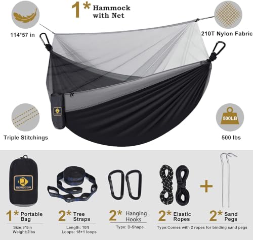 Image of Camping Hammock with Net,Portable Lightweight Double Hammocks with Tree Straps and Solid D-Shape Hanging Hooks,Parachute Nylon Hammock for Backpacking Beach Backyard Patio Hiking
