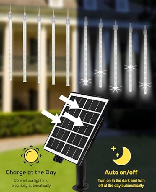 Meteor Shower Lights Outdoor Solar Meteor Light Falling Rain Lights 16 Tubes 16 Inch 576LED Cascading Snowfall Christmas Light for Holiday Wedding New Year Party Yard House Roof Tree Mall Decoration