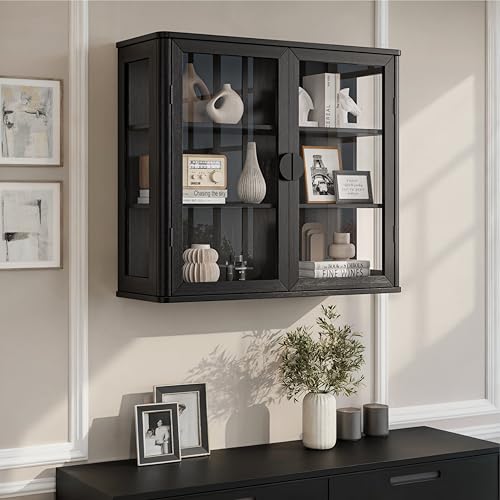 FIMELLO 28’’W Wall Cabinet with Tempered Glass Doors, Bathroom Cabinet Wall Mount, Kitchen Wall Cabinet, Floating Cabinet for Bathroom, Wall Mount Salon Station for Barber, Beauty, Black