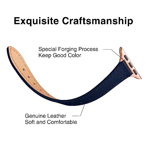 Image of STIROLL Slim Leather Bands Compatible with Apple Watch Band 49mm 46mm 45mm 44mm 42mm(Series 3 2 1), Top Grain Leather Watch Thin Wristband for iWatch Ultra SE Series 11 10 9 8 7 6 5 4(Navy Rose Gold)