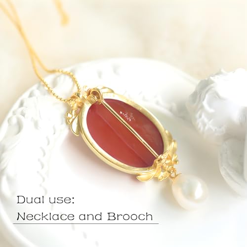 Cameo Pendant Necklaces Antique, Necklace/Brooch Women's Agate Cameo in 14K Gold Frame with Freshwater Pearl Vintage Jewelry Gifts3