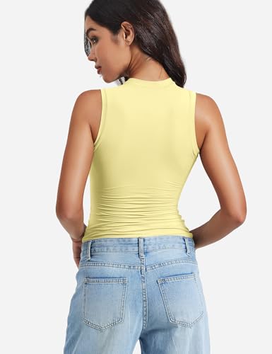 Image of YEOREO Women Basic Mock Neck Workout Crop Top Sleeveless Double Lined Tank Tee Slim Fitted Ruched Going Out Camisole