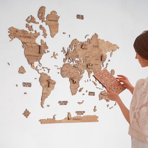 Creatifwood Mapa mundi madera 2D con Nombres Grabados de Países y estados para Marcar Viajes. Mapa mundi pared de madera multicapa Decoración para salón, Dormitorio y Oficinas. (Dark, 80L x 55l cm)